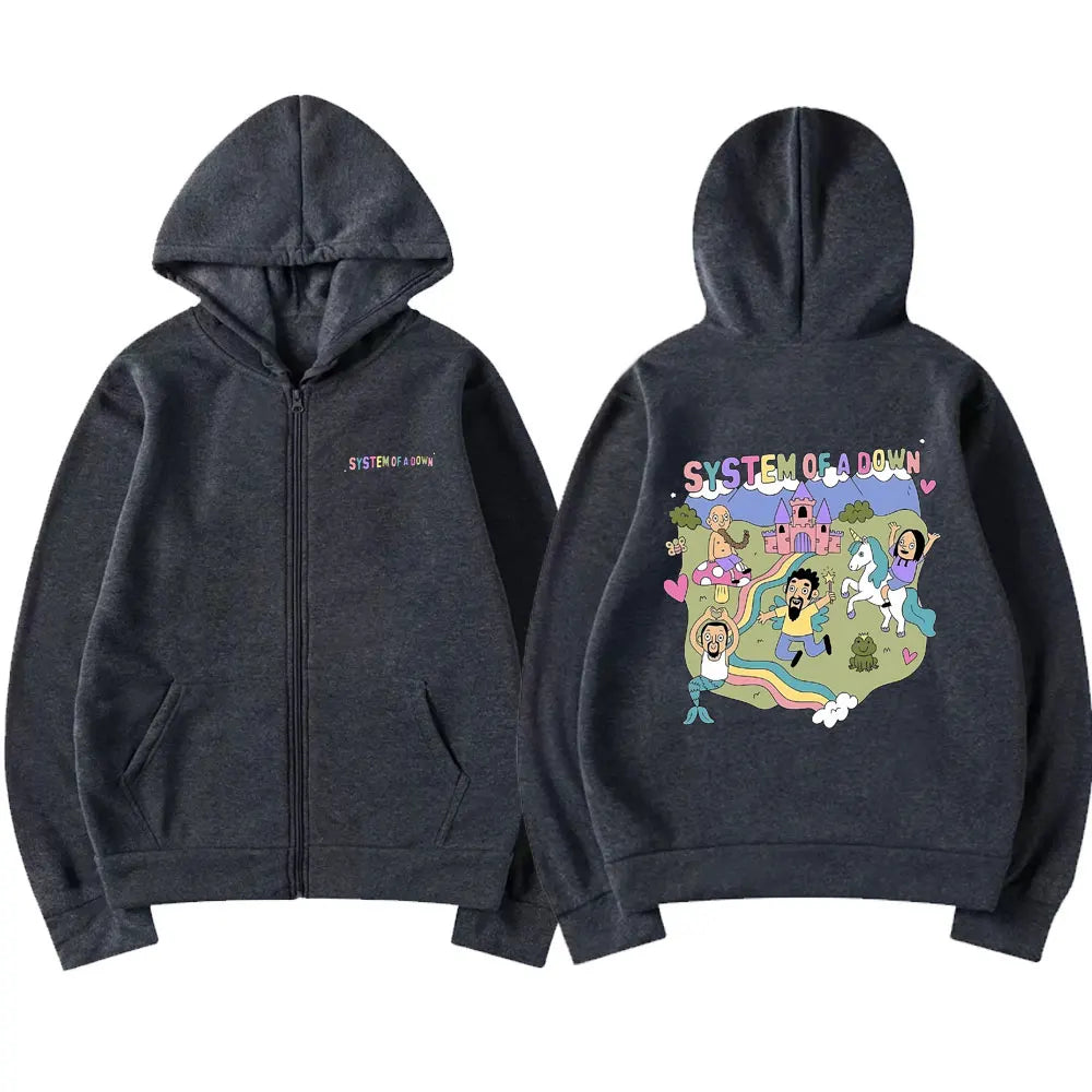 System of A Down Graphic Zipper Hoodie Men Women Vintage Rock Music Band Cartoon Graphic Zip Up Hoodies Coat Men's Zip Up Jacket