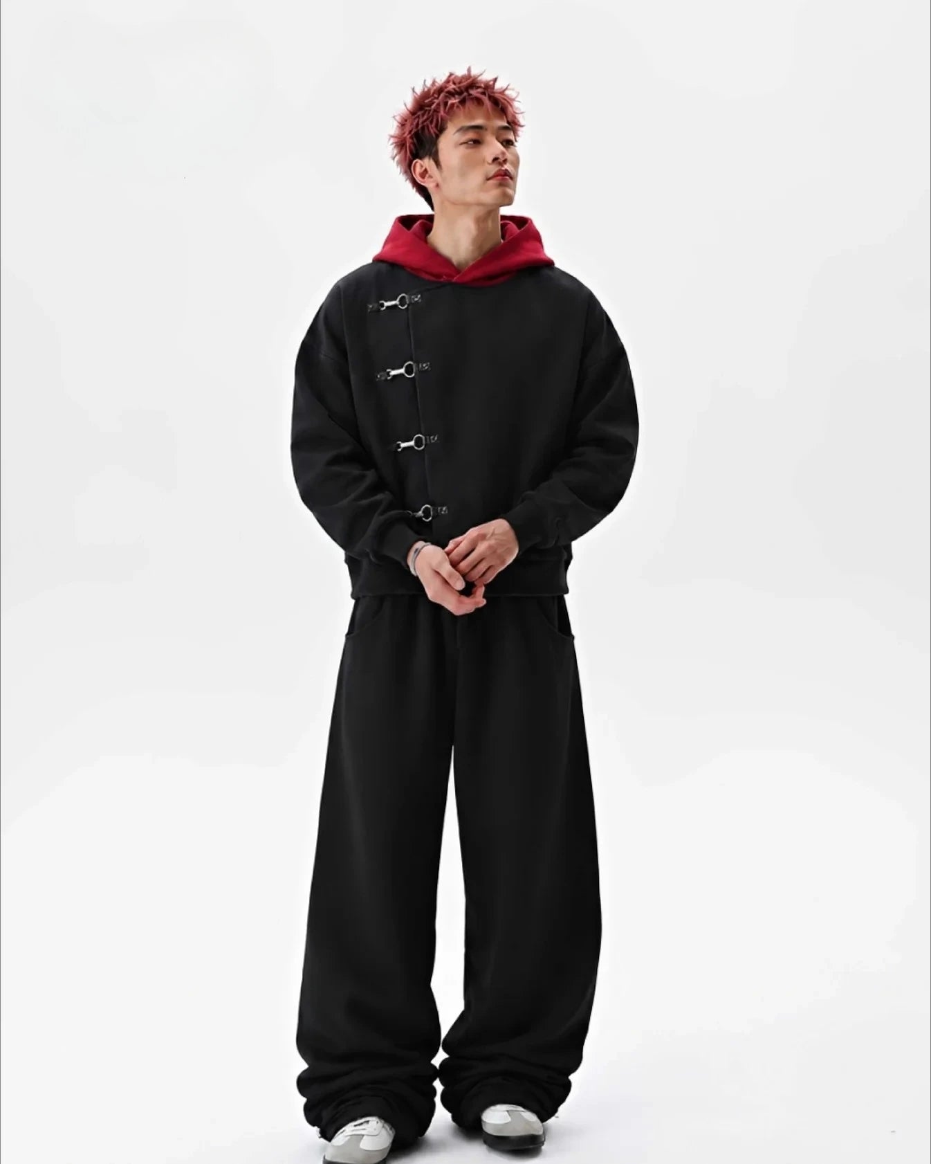Y2K Red Itadori Hoodie Oversized Black Red Spliced Metal Button Casual Sweatshirt Trendy and Simple Men Women Streetwear Jacket