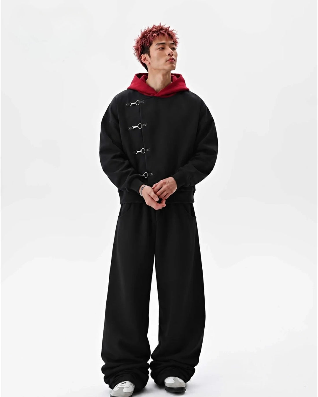 Y2K Red Itadori Hoodie Oversized Black Red Spliced Metal Button Casual Sweatshirt Trendy and Simple Men Women Streetwear Jacket