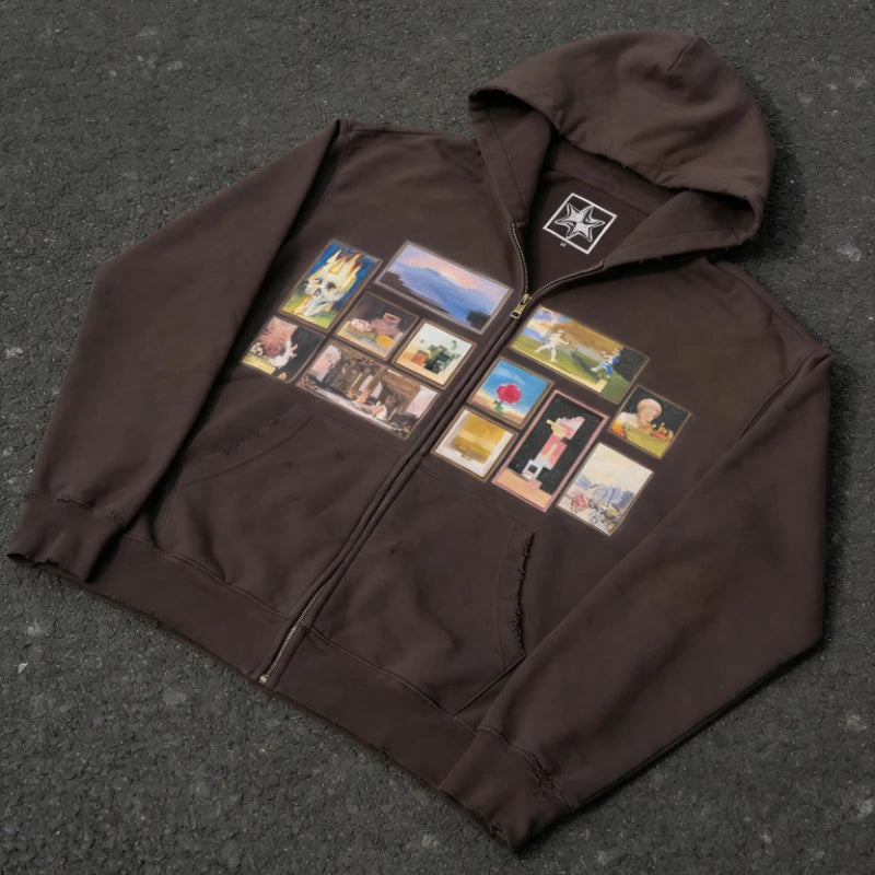 Y2K Retro Brown Washed Hoodie Pixel Paint Print Gallery Zipper Sweatshirt Trendy Distressed Streetwear Unisex Oversize Clothing