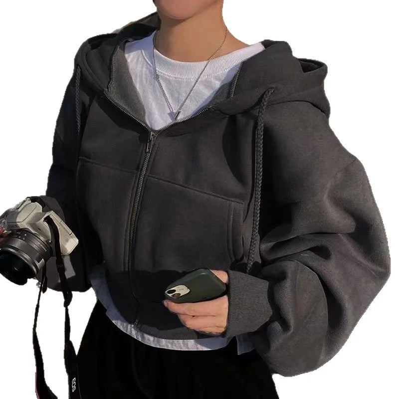Women Fall Winter New Fleece Lined Hoodie Solid Color Zip Up Slim Short Warm Fashion Versatile Sweatshirt