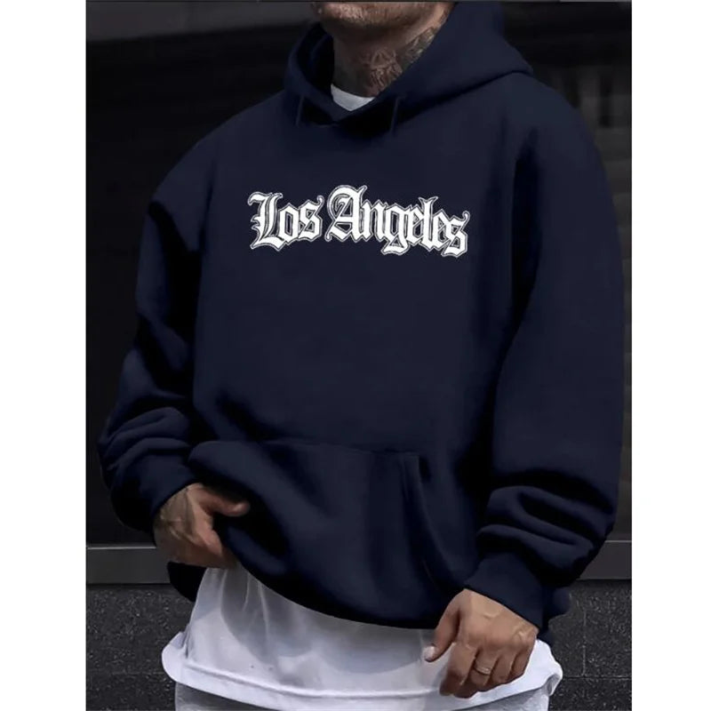 Men's Autumn and Winter Casual Fashion Loose Hoodie Los Angeles Letter Printed Long Sleeved Warm Pullover Sweater