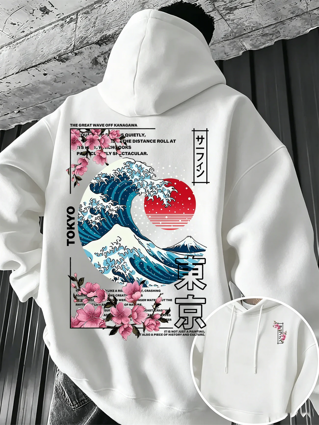 Ukiyo-E Great Wave Kanagawa Hoodie Men Aesthetic Sakura Tokyo Letter Graphic Sweatshirt Oriental Vintage Daily Hooded Pullover