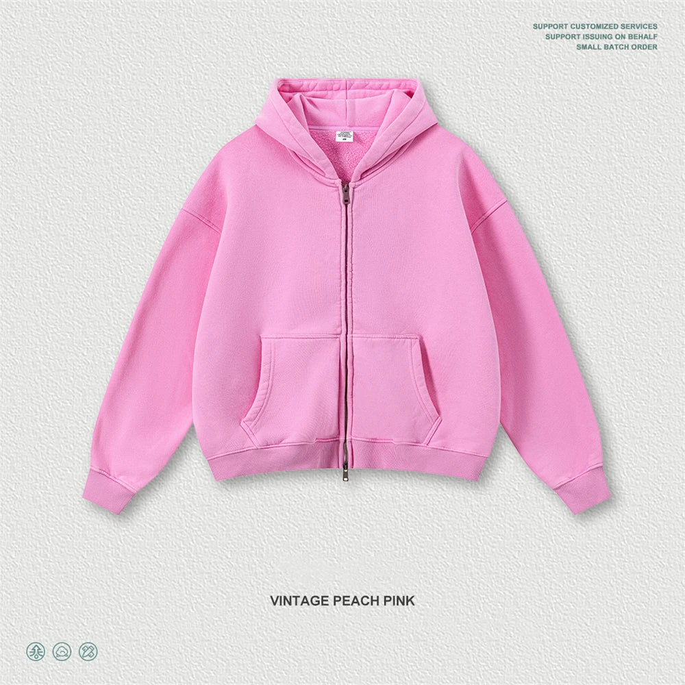 ZODF Retro Washed Man Boxy Fit 400gsm Fleece Zipper Hoodie Unisex Distressed Loose Warm Hooded Coat Jacket Brand Outwears HY1184