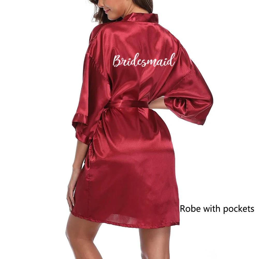 Light Blue Women's Satin Robe Short Kimono for Bride & Bridesmaid With White Letter, Wedding Party Robes