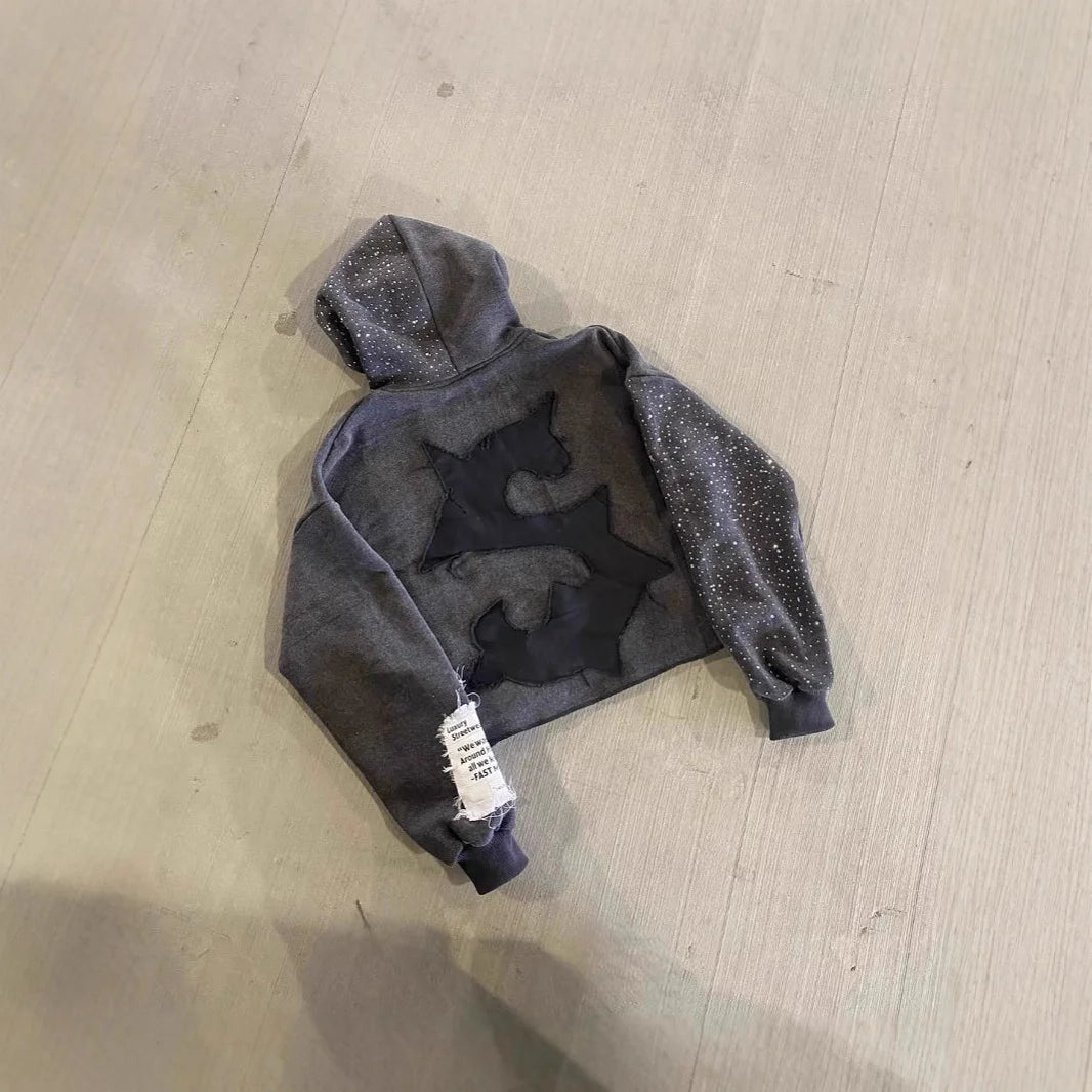 Oversized Washed Grey Rhinestone Sleeve Hoodie Zip up Jacket with Flocked Patch Letter Back Star Frayed Tag Y2K Streetwear