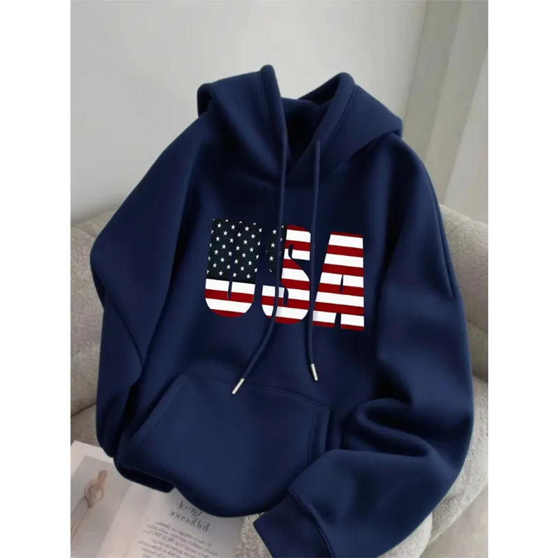 Cotton USA Hoodie Women Men, American Flag Patriotic Sweatshirt Pullover Hoodie