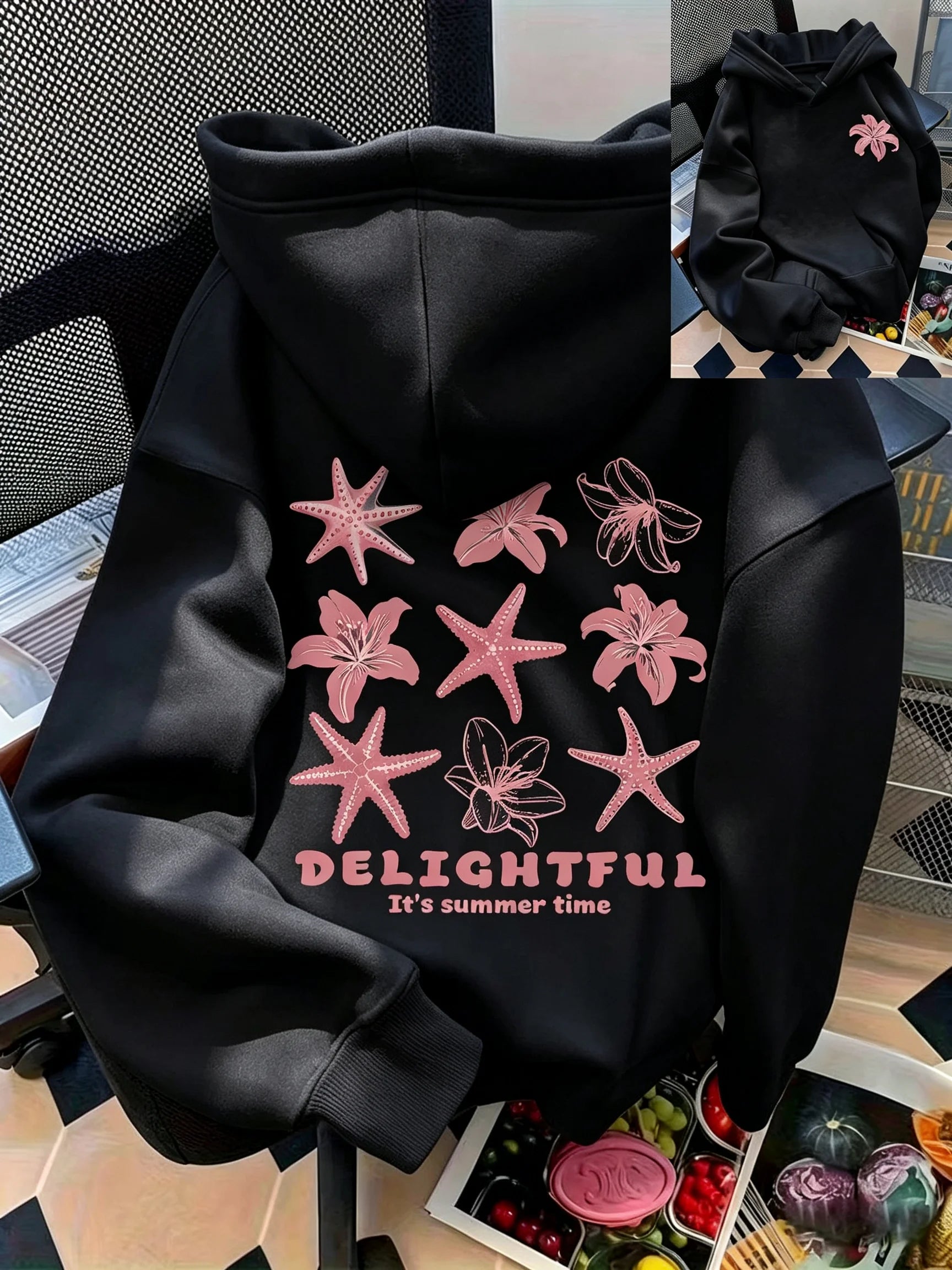 Women's casual seashell and letter pattern front and back printed pullover hoodie women's casual top versatile style hoodie