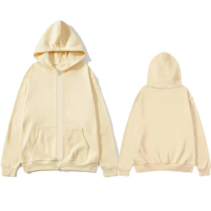 Oversized Unisex Hoodie, Solid Color Zip Up Jacket, Casual Street Trendy Plain Hooded Sweatshirt