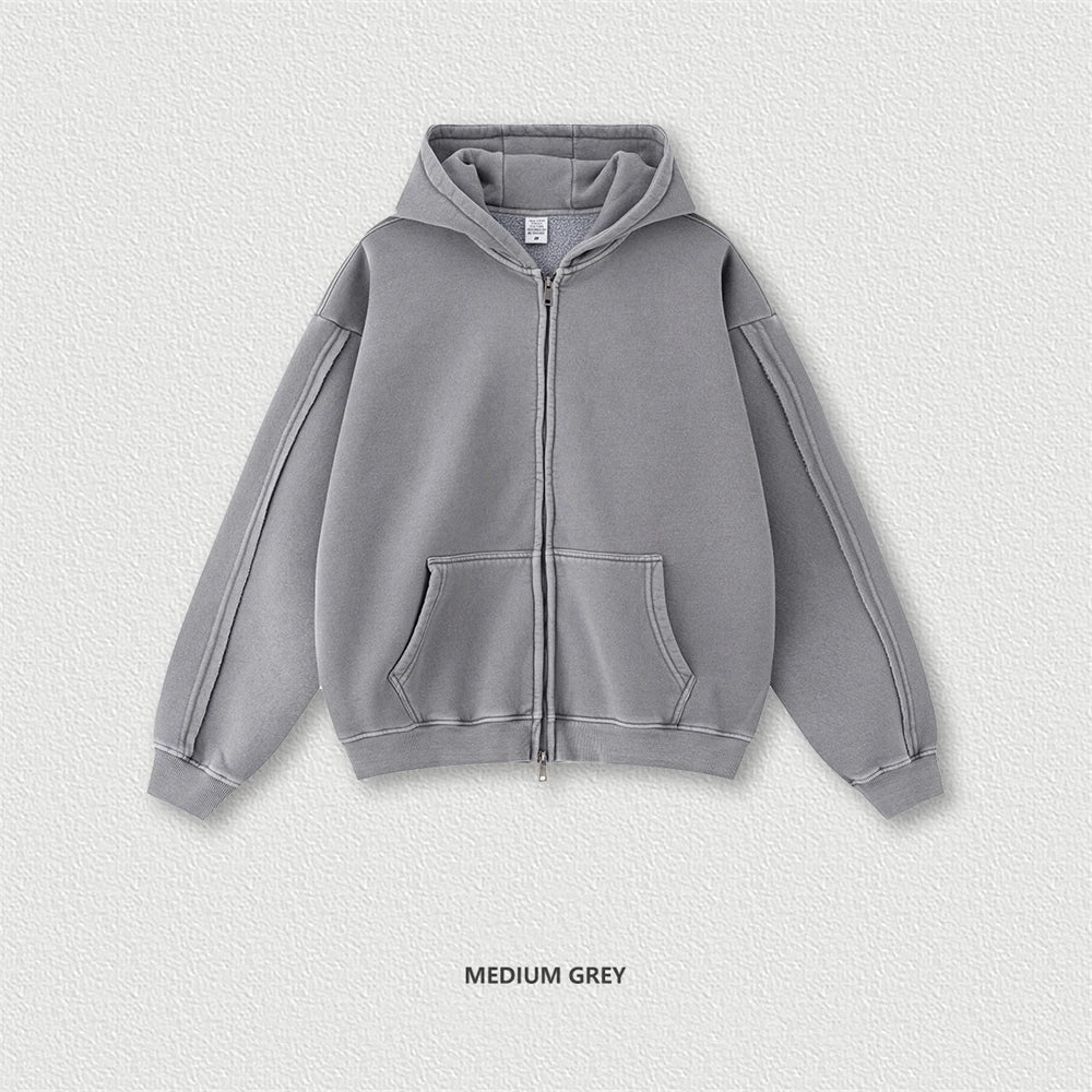 ZODF Retro 2025 Autumn Winter Zipper Fleece Hoodies For Man Unisex 400gsm Solid Washed Batik Warm Hooded Coats HY1084
