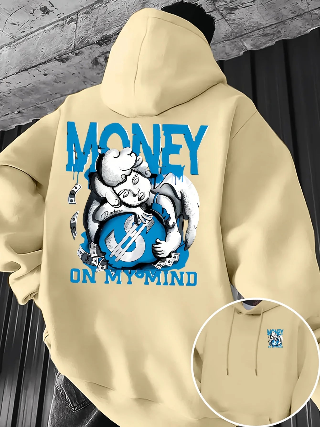 Men's Money On My Mind Angel Graphic Hoodie Casual Loose Pullover Sweatshirt Hip Hop Streetwear Long Sleeve Hooded Top