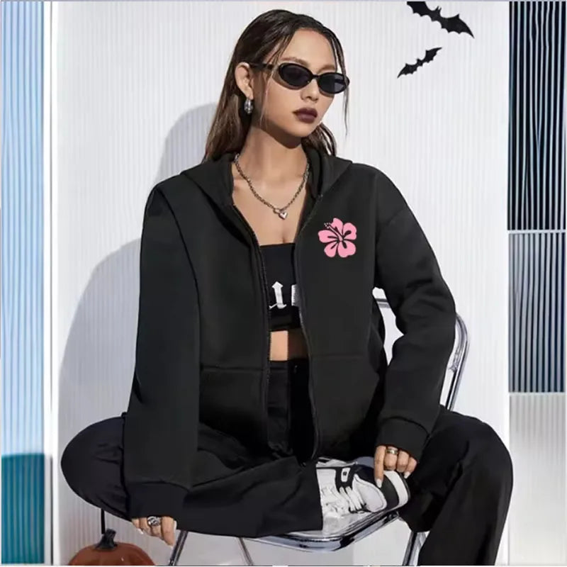Women Zipper Cardigan Hooded Sweatshirt Jogging Lady Versatile Sport Coat Oversized Hibiscus Beach Casual Hooded Sweat Jacket