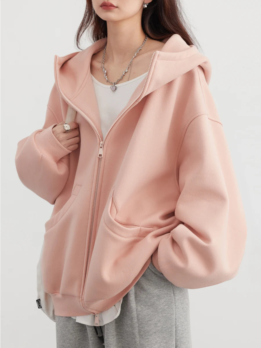 CHIC VEN Women Sweatshirts Loose Casual Hooded Long Sleeves with Plush Sweater Double Zipper Oversize Coat Spring Autumn 2026