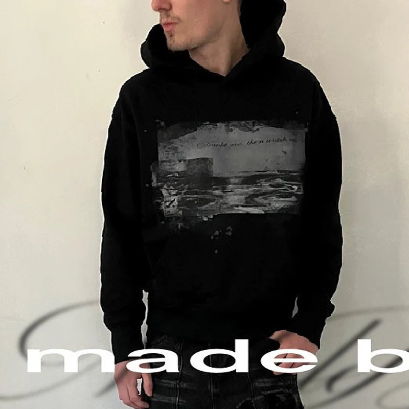 Men's Spring Retro Hoodie Loose Fit Letter Print Fashion Street Punk Top American Style