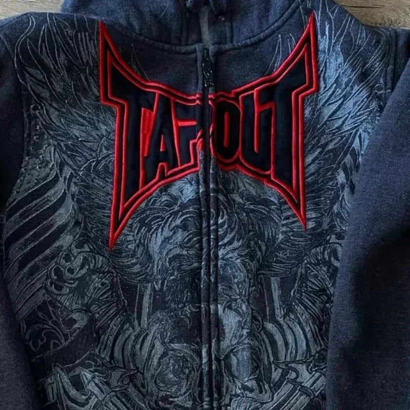 Y2K New American Tapout Zipper Hoodie Sweatshirt Men Hip Hop Letter Retro Graphic Embroidery Hoodie Jacket Clothes Streetwear