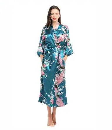 Womens Silk Satin Kimono Robes Long Sleepwear Dressing Gown Floral Peacock Printed Pattern Party Wedding Bridesmaid Bathrobe