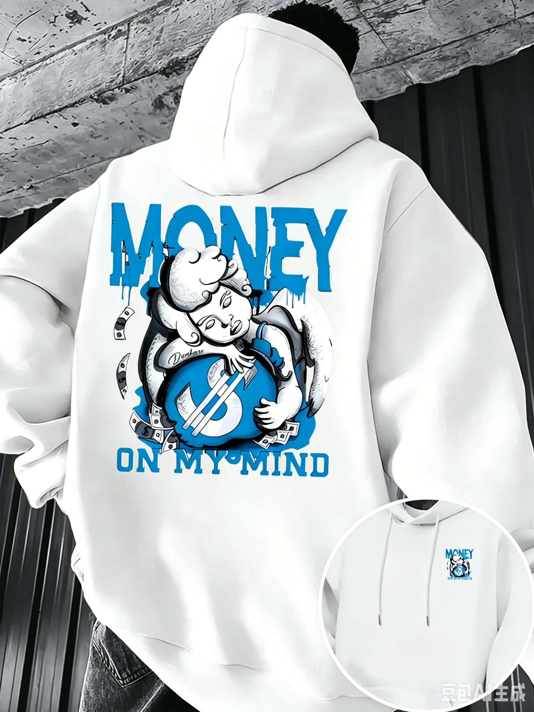 Men's Money On My Mind Angel Graphic Hoodie Casual Loose Pullover Sweatshirt Hip Hop Streetwear Long Sleeve Hooded Top