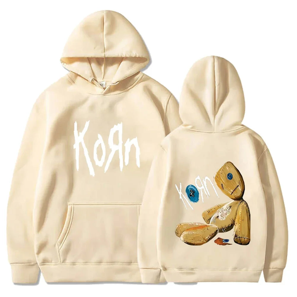 Dark Niche Nu-metal Band Hoodie with Double-sided Front and Back Voodoo Doll Logos, Loose-fit Couple Tops