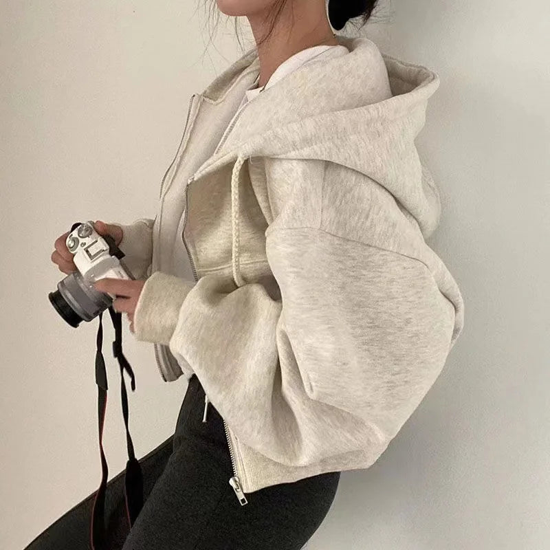 Zip Up Hoodies Women Autumn Winter Warm Fleece Lined Long Sleeve Cropped Jackets New Fashion Hooded Sweatshirts Female Y2K Coats