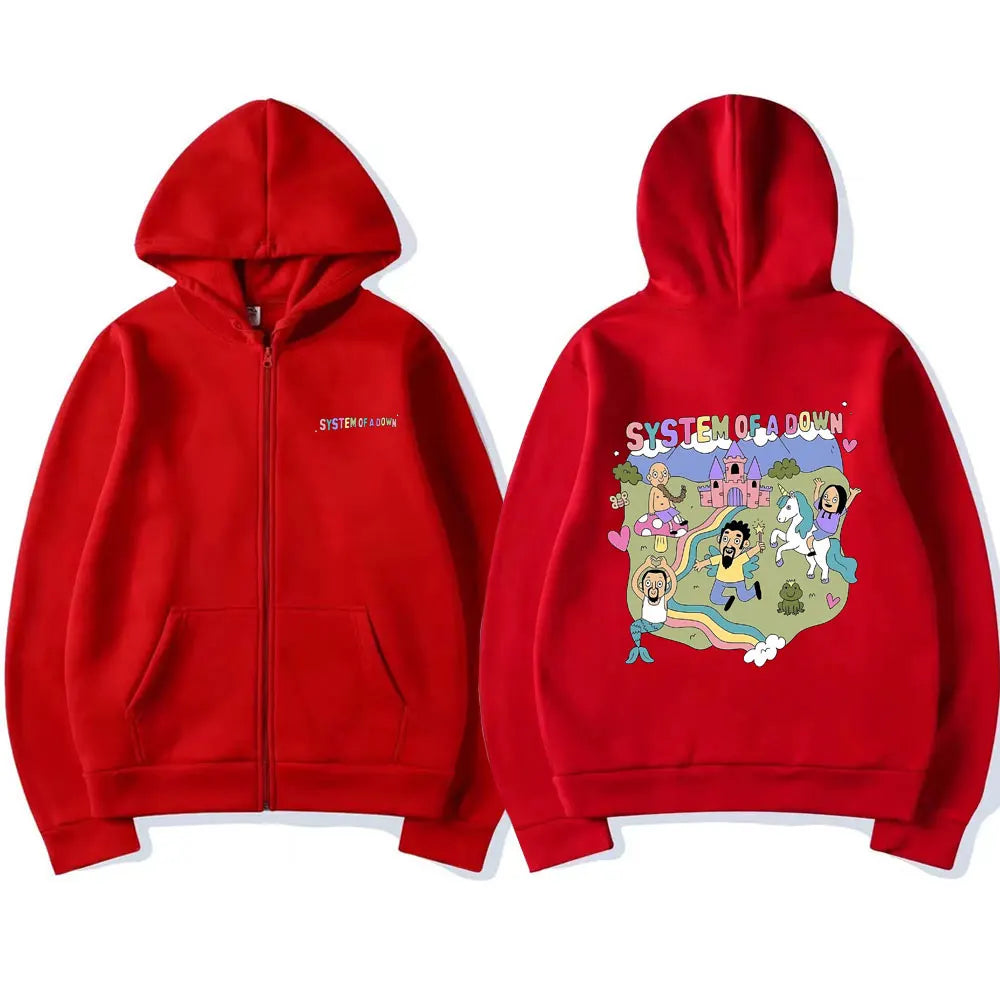System of A Down Graphic Zipper Hoodie Men Women Vintage Rock Music Band Cartoon Graphic Zip Up Hoodies Coat Men's Zip Up Jacket