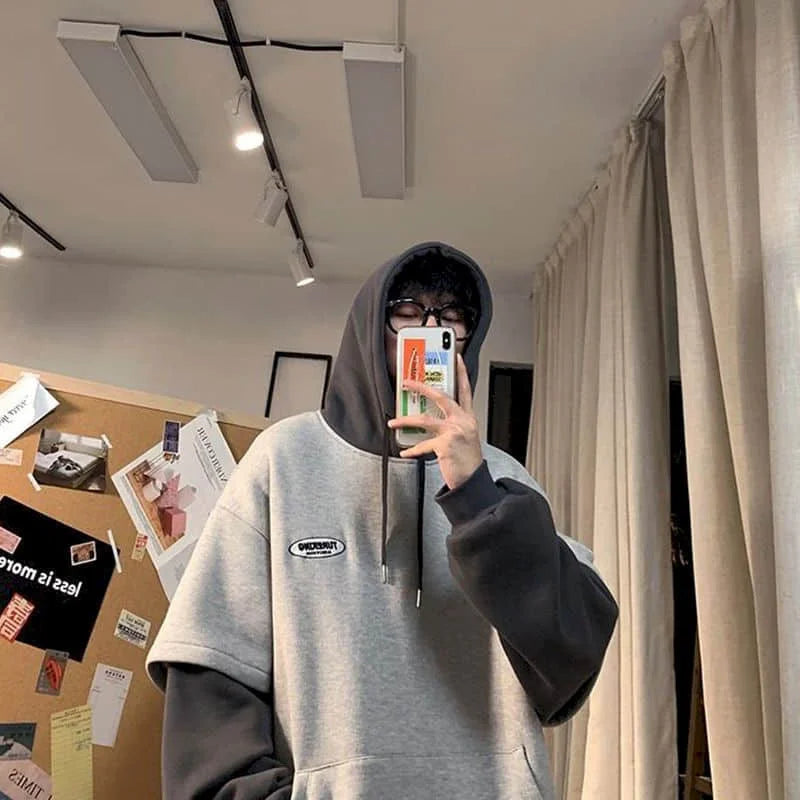 Hoodies men fake two-piece sweatshirt autumn stitching Korean loose contrast color hooded long-sleeved black  white gray design