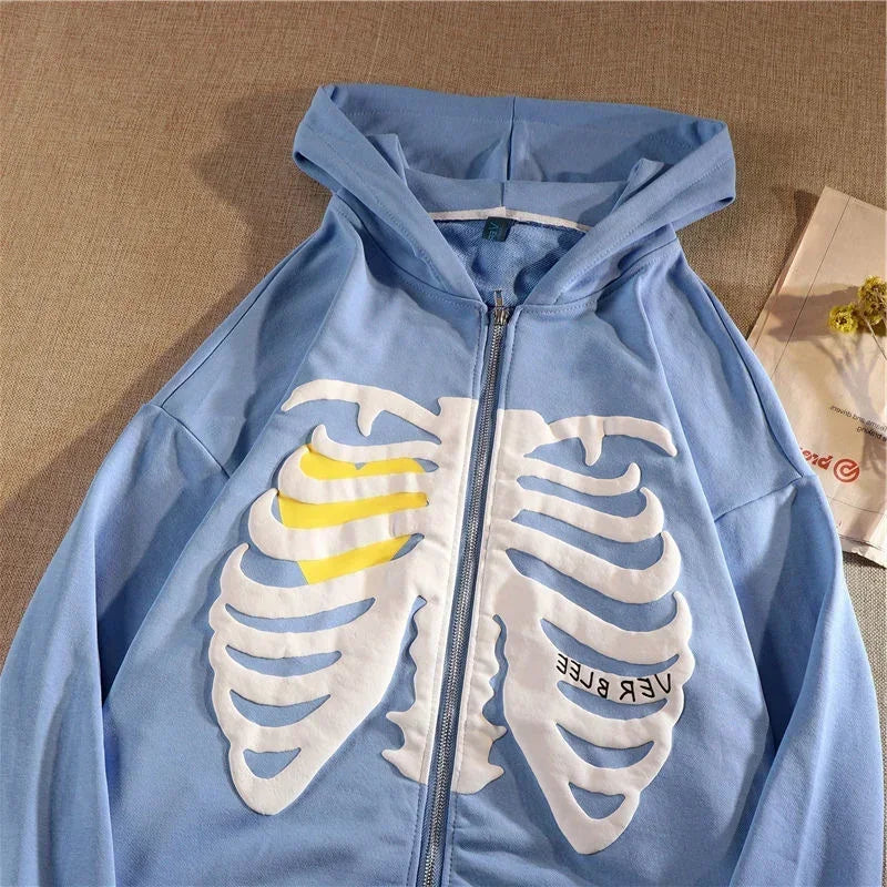 Y2K Skeleton Hoodies Women 2025 Vrouwen Gothic Zwart Zip Up Oversized Sweatshirt Dames Retro Harajuku Capuchon Streetwear Tops