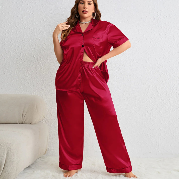 Female Pajama Two Piece Set Spring Summer Short Sleeve Trouser Suits Pyjama Plus Size Loose Ice Silk Home Clothes Lounge Wear