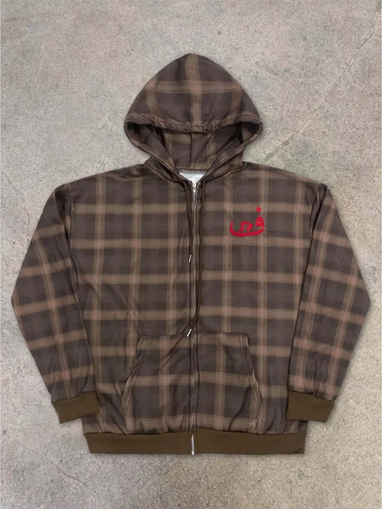 Y2K Muted Brown Check Red Chest Embroidery Full Zip Drop Shoulder Loose Hooded Sweatshirt