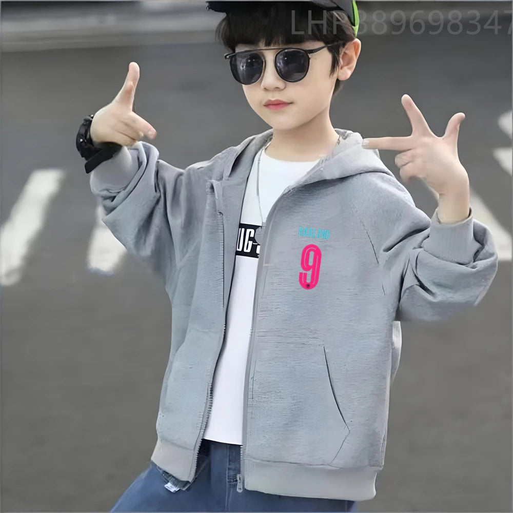 Kids Zipper Hoodie Tops Football Star No. 9 Print Black Boys Girls Red Toddler Coat Age 3-12 Casual Autumn Fashion Clothing