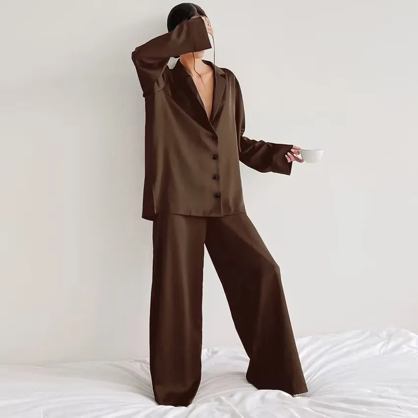 Oversized Satin Silk Sleepwear Low Cut Sexy Pajamas For Women Single-Breasted Long Sleeves Wide Leg Pants Trouser Suits