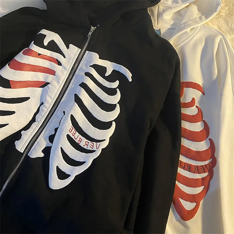 Y2K Skeleton Hoodies Women 2025 Vrouwen Gothic Zwart Zip Up Oversized Sweatshirt Dames Retro Harajuku Capuchon Streetwear Tops