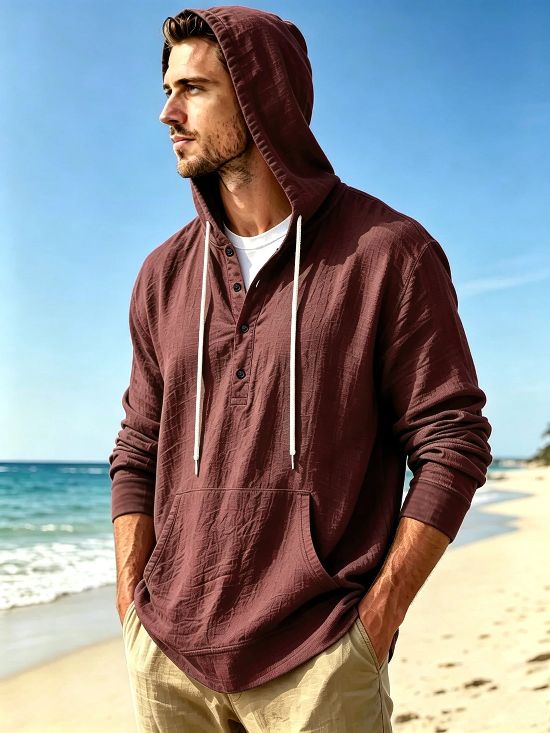 Men's Henley Hooded Casual Shirt, Beach Vacation Relaxed Style, Half Button Placket, Drawstring Hood & Kangaroo Pocket, Breathab