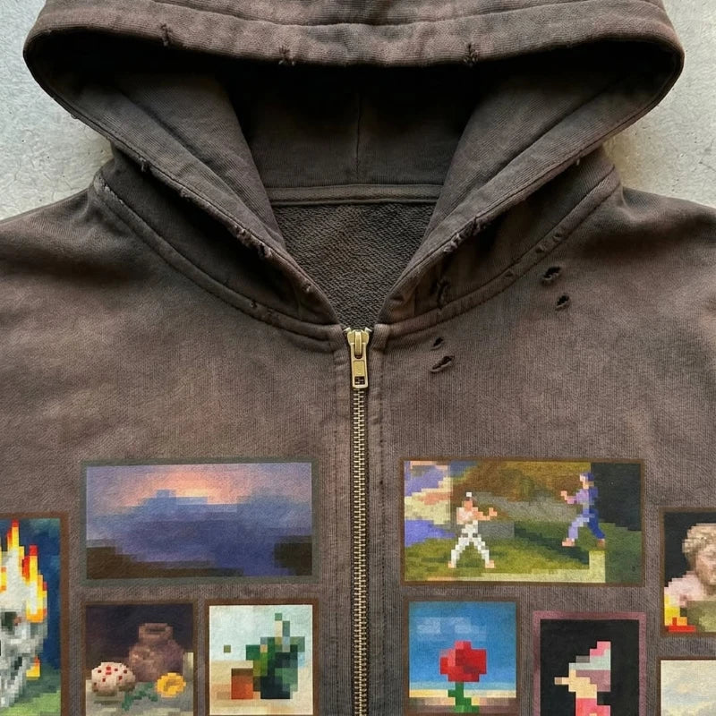 Y2K Retro Brown Washed Hoodie Pixel Paint Print Gallery Zipper Sweatshirt Trendy Distressed Streetwear Unisex Oversize Clothing