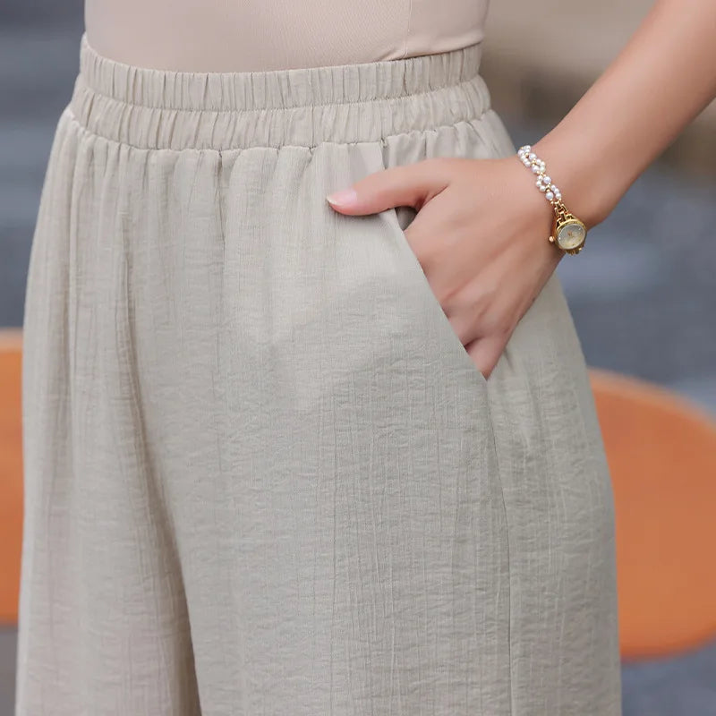 Elegant Fashionable Mommy Outfit Summer Short Sleeve Shirt Wide Leg Pants Two Piece Set for Middle-Aged And Elderly Women