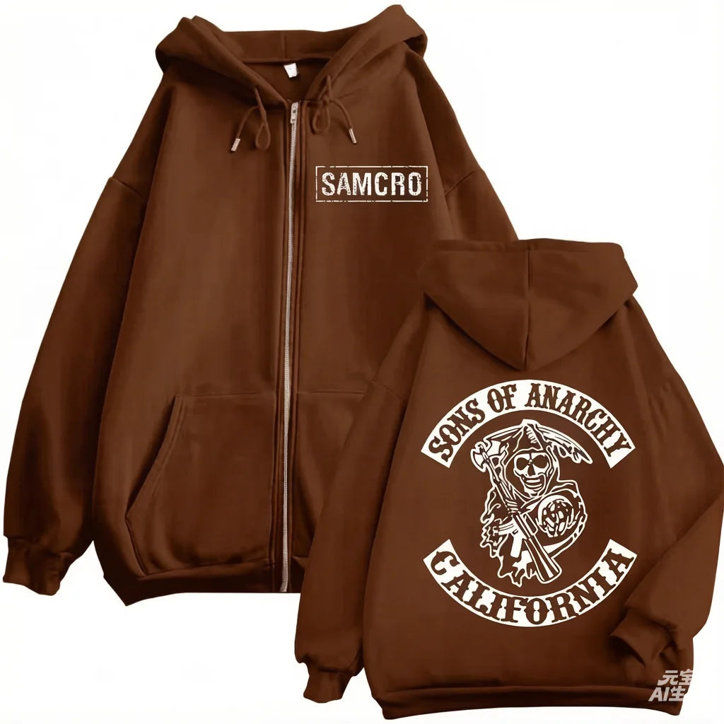 2025 New Sons of Anarchy Double Sided Printed Hoodie Men Women Gothic Retro Zipper Sportswear Casual Street Fashion Pullover
