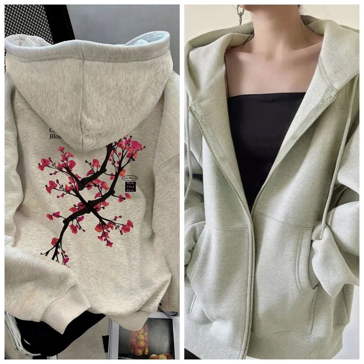 Plum blossom Women's Zipper Hoodies Jacket Cotton Fleece Hoody Sweatshirt Pullover Autumn Winter Oversized Loose Tops Coat
