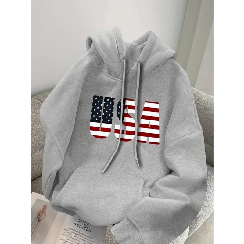 Cotton USA Hoodie Women Men, American Flag Patriotic Sweatshirt Pullover Hoodie