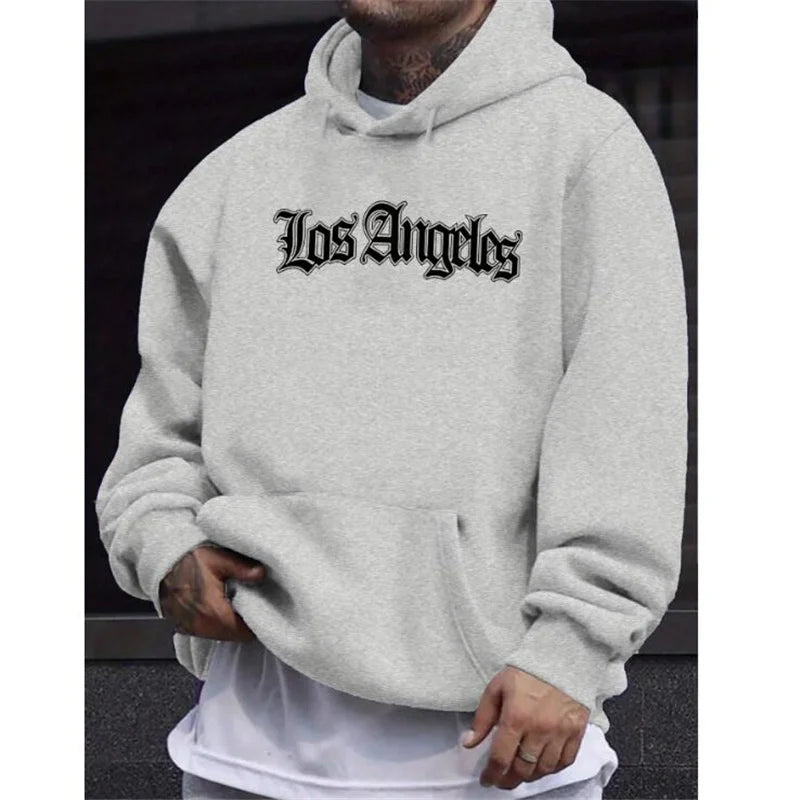 Men's Autumn and Winter Casual Fashion Loose Hoodie Los Angeles Letter Printed Long Sleeved Warm Pullover Sweater