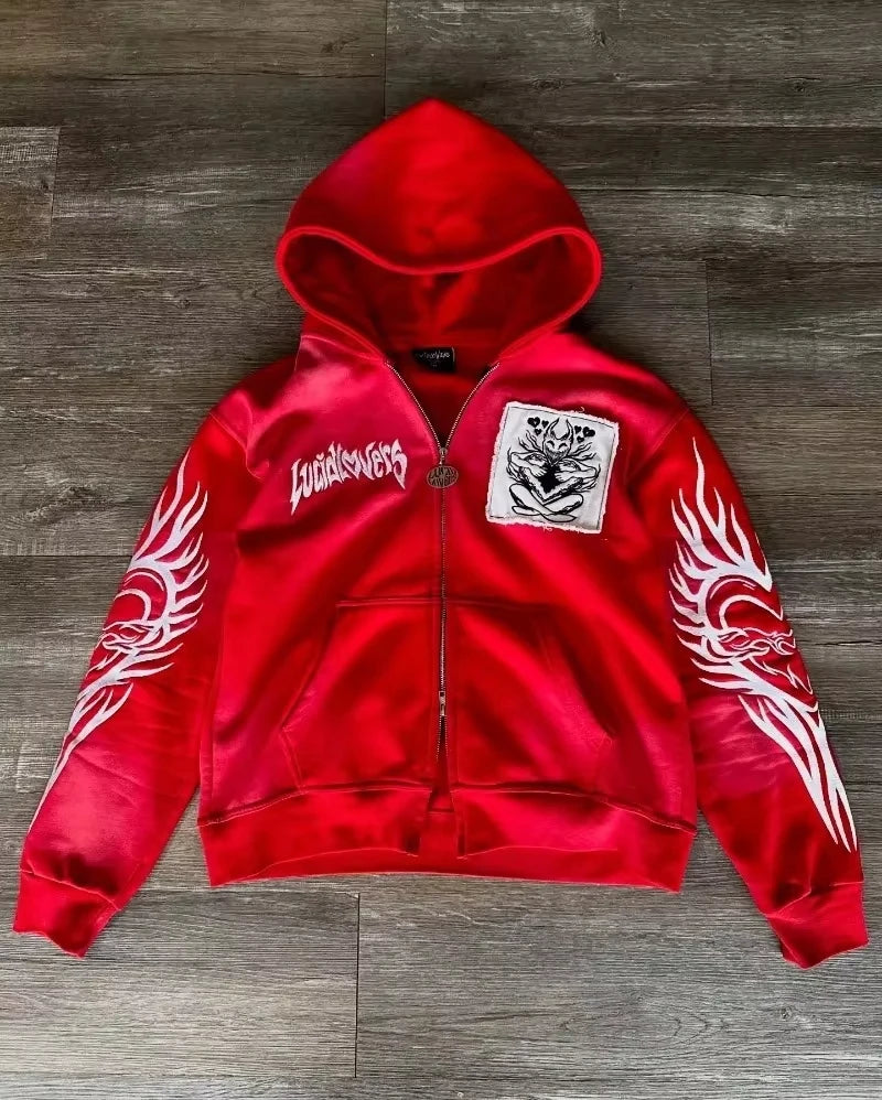 Y2K Clothing New Fashion Letter Embroidery Patch Zipper Hooded Sweater Men Gothic Harajuku Hip Hop Popular Casual Sweatshirt
