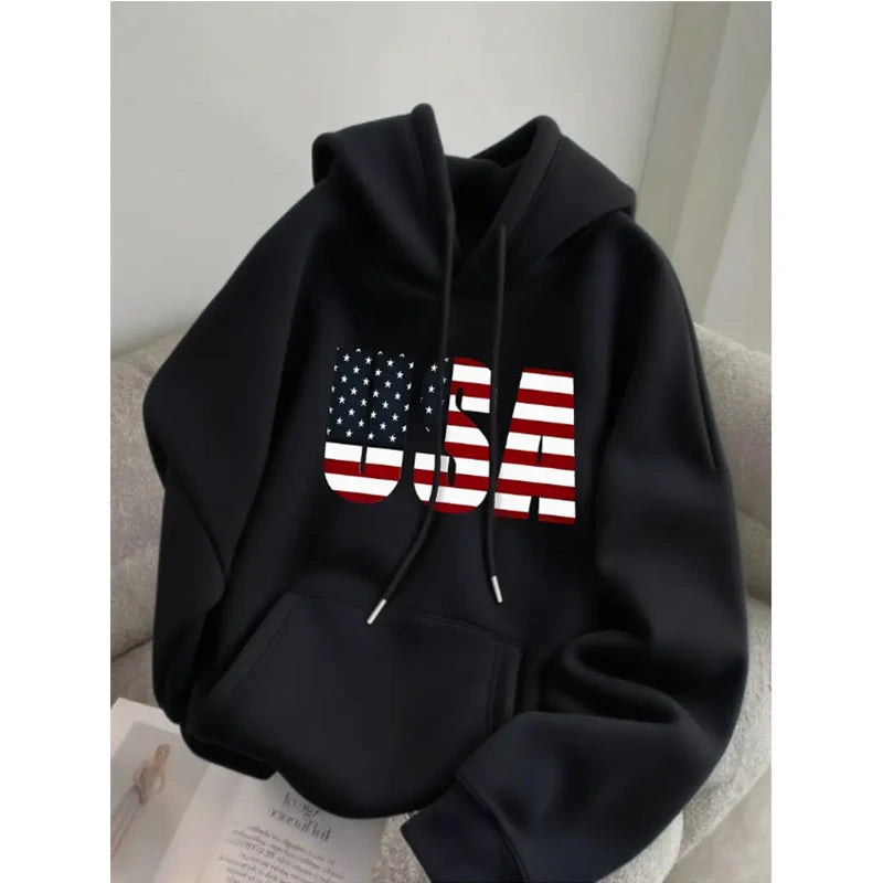 Cotton USA Hoodie Women Men, American Flag Patriotic Sweatshirt Pullover Hoodie