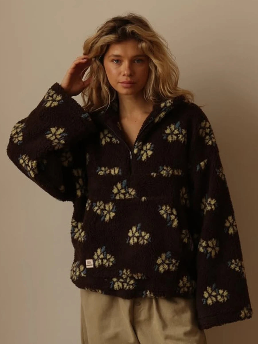 Bornladies Autumn Winter Women's Sherpa Floral Hoodies Half Zip Style Loose Fit Warm Stylish New Sweatshirt