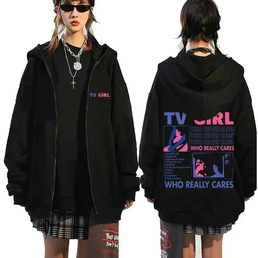TV Girl Who Really Cares Print Zip Up Hoodie Unisex Oversized Black Streetwear Jacket