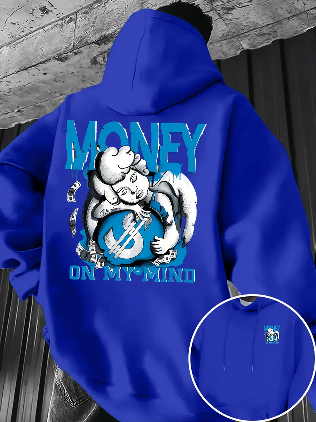 Men's Money On My Mind Angel Graphic Hoodie Casual Loose Pullover Sweatshirt Hip Hop Streetwear Long Sleeve Hooded Top