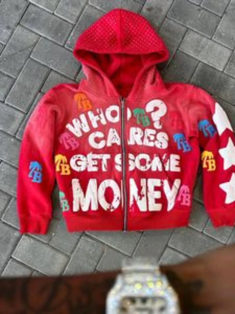 Y2K Trendy Letter Pattern Loose Casual Comfortable Hooded Zipper Retro Hoodie Jacket Top Unisex