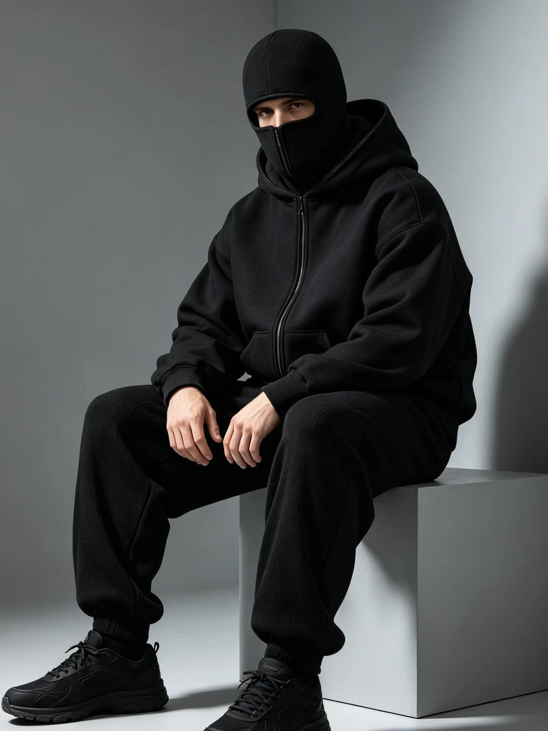 Autumn and Winter New Windproof Mask Double Hood Sweatshirt Unisex Full Zip Loose Fashionable Casual Street Coat