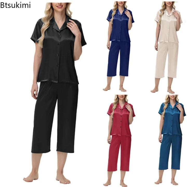 New Women Two-piece Pajama Set Elegant Ice Silk Pajama Set with Button-down Shirt Wide Trousers Homewear Casual Outfit Sleepwear