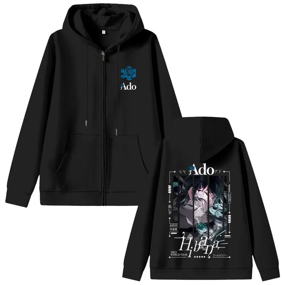 Ado Fashion Zipper Hoodie Men Women Hip Hop High Street Y2K Casual Zip-up Coat Autumn Winter Fleece Long Sleeve Sweatshirts