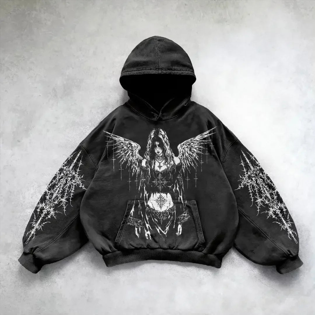 Fashion Vintage  Print Zip Up Hoodie Y2k New Harajuku Hip Hop Long Sleeve Coats Loose Hooded Sweatshirt Men and Women Streetwear