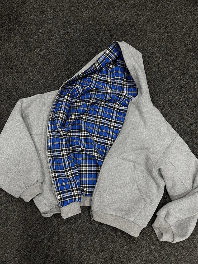 Fashion Two Wear Plaid Hoodies Women Y2K Long Sleeve Loose Hood Shirt Korean Zipper Sweatshirt Coats Streetwear Harajuku Jackets
