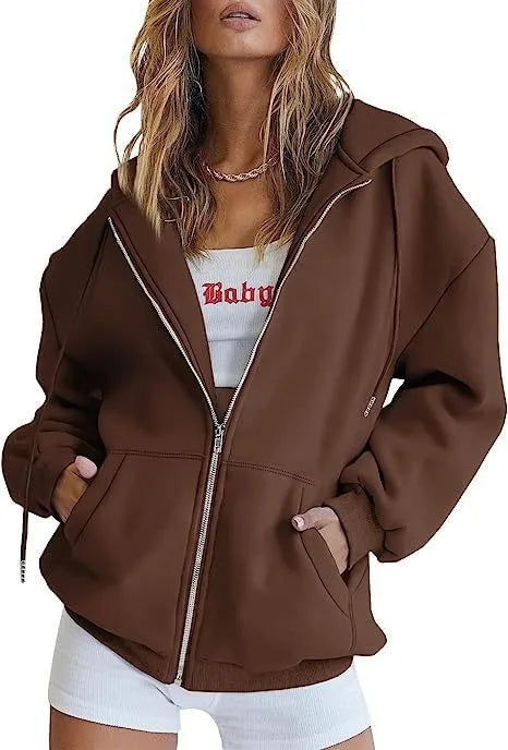 Women's Zipper Hoodie New Sweatshirt Loose Zipper Style Top Women Hooded Jacket Sweatshirt Casual Drawstring Hoodie With Pocket